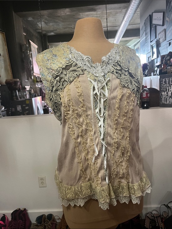 Pretty Angel Tops - Pretty Angel Lace-Trim Ruffle Front Blouse in Beige and Cream